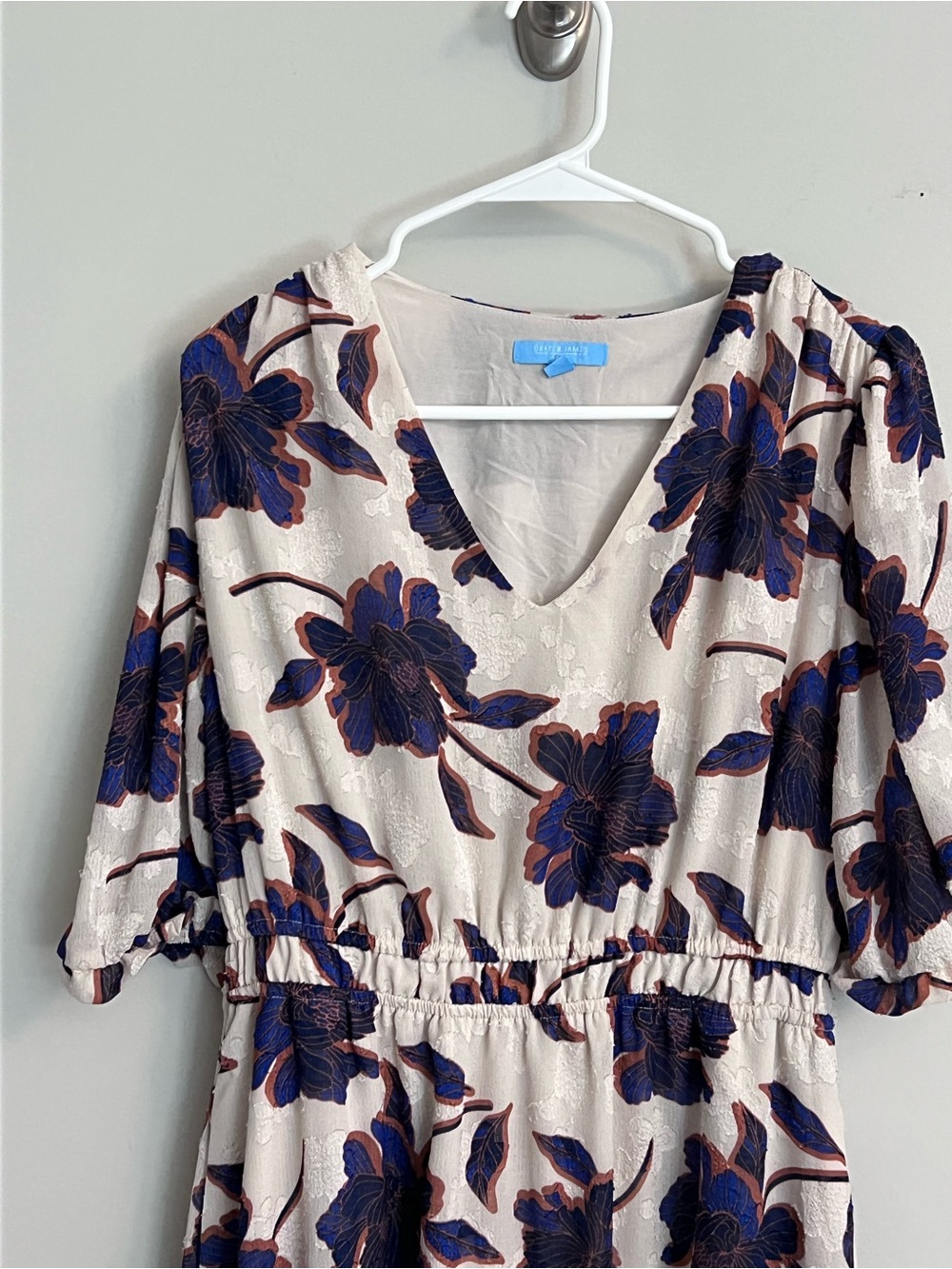 Draper James Cream Midi Dress with Blue and Brown Floral Print